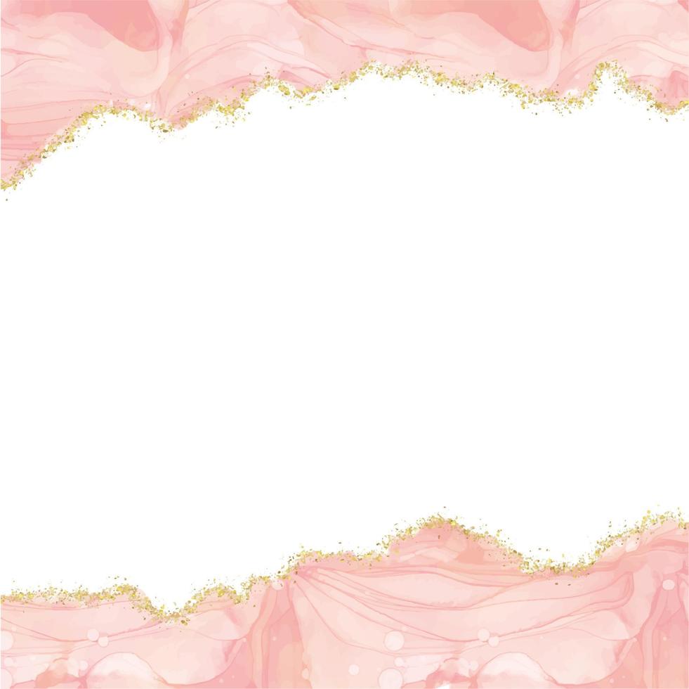 abstrakt pastell rosa vattenfärg alkohol bläck ram med guld glitter. pastell marmor teckning effekt. llustration design mall för bröllop inbjudan vektor