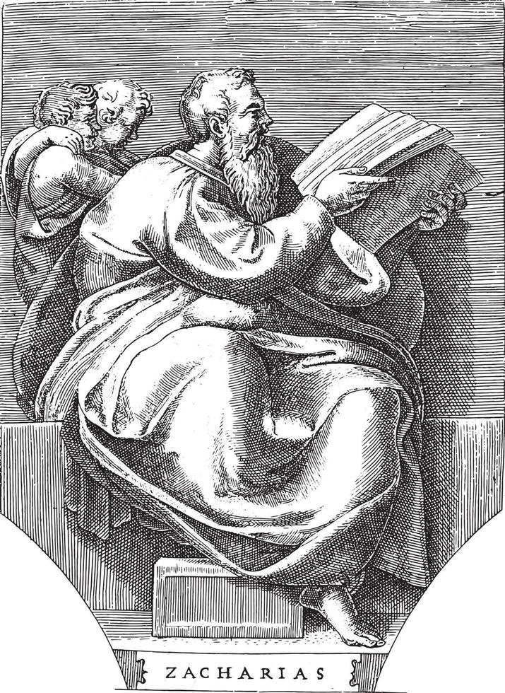 Prophet Sacharja, Adamo Scultori, nach Michelangelo, 1585, Vintage-Illustration. vektor