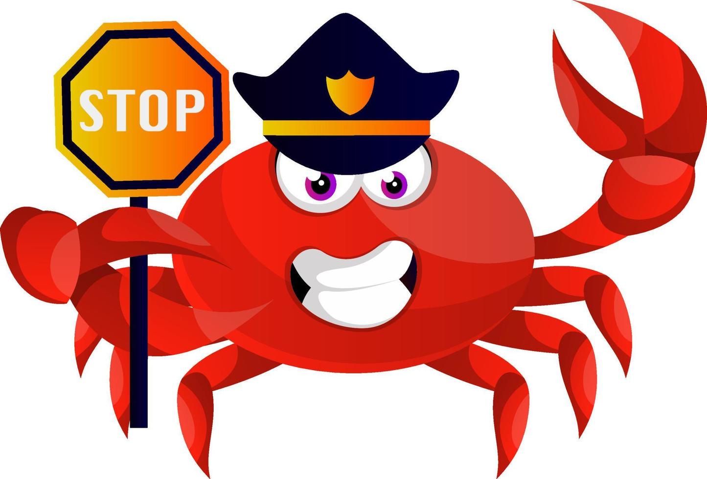 Krabbe in Polizeiuniform, Illustration, Vektor auf weißem Hintergrund.