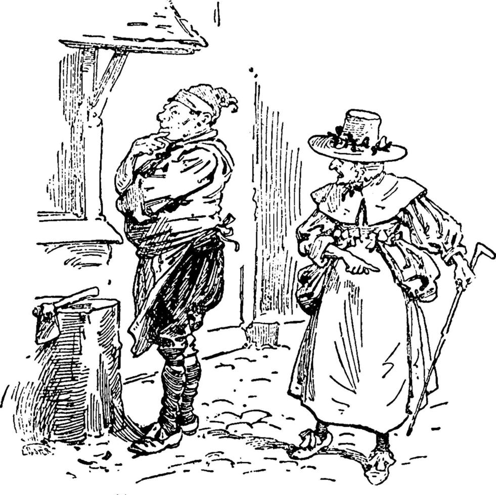 gammal kvinna och henne gris, årgång illustration vektor
