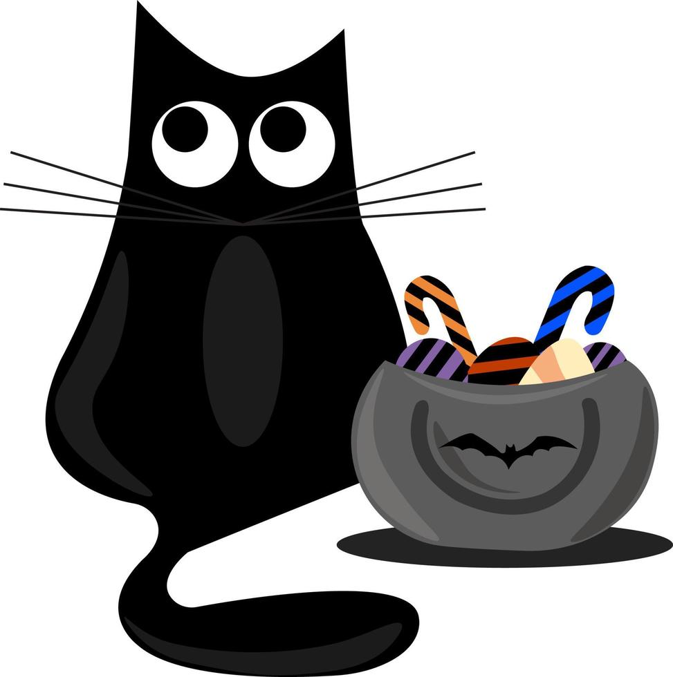 Schwarze Katze und Süßigkeiten, Illustration, Vektor auf weißem Hintergrund.
