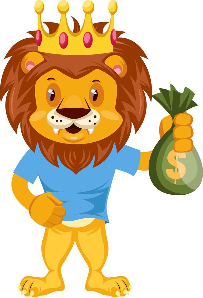 lejon med pengar, illustration, vektor på vit bakgrund.