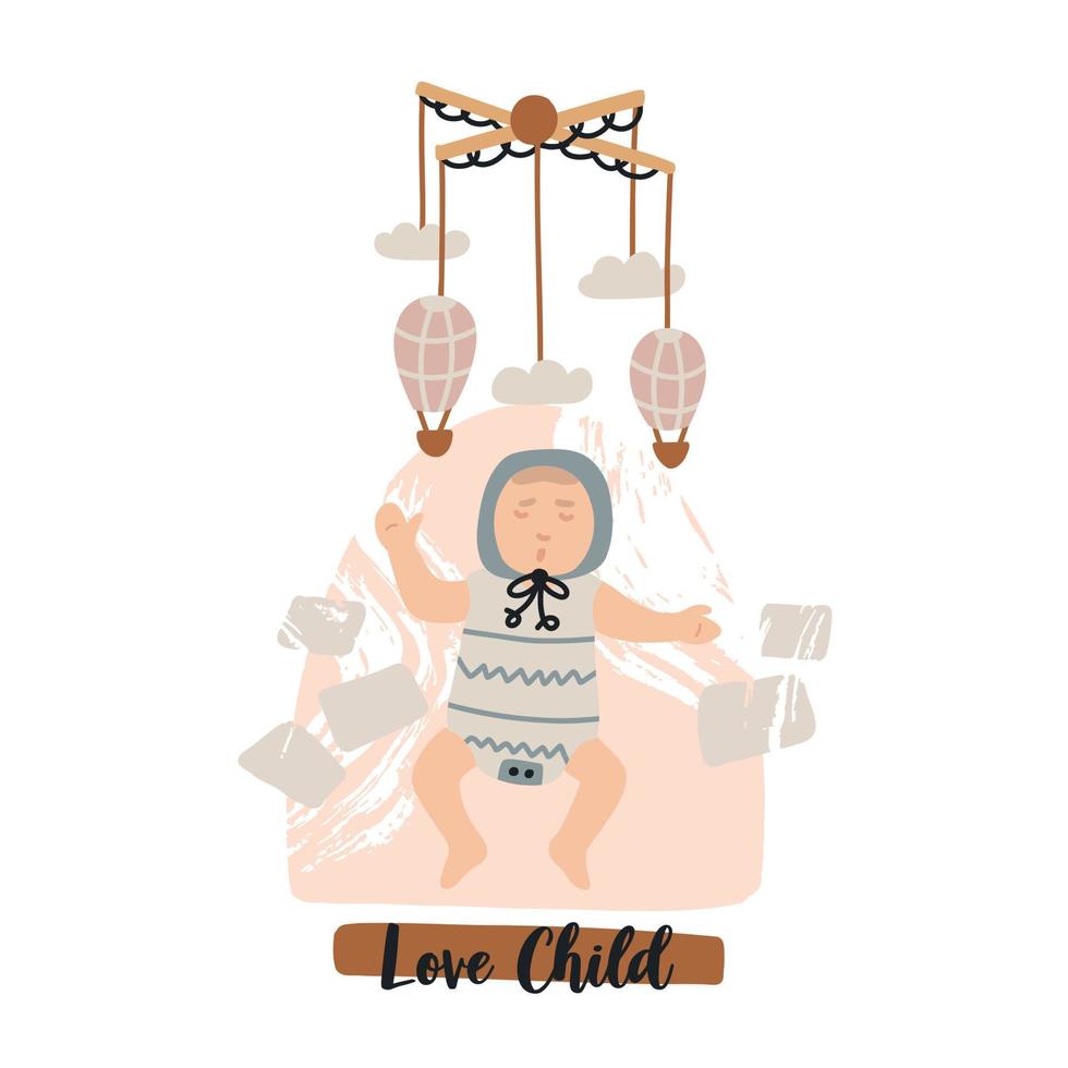 abstraktes Poster eines schlafenden Neugeborenen mit einem Wiegenlied. babydusche kinderzimmer skandinavische boho illustration. Schriftzug liebes Kind. flacher böhmischer Vektor auf neutralem Hintergrund