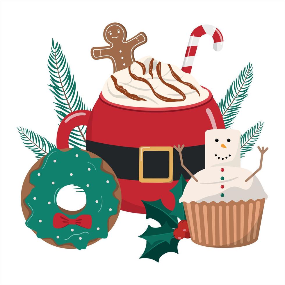 varm vinter- jul dryck med pepparkaka småkakor, krans munk, snögubbe cupcake, och gran grenar. isolerat på vit bakgrund, vektor illustration, glad jul tema design.