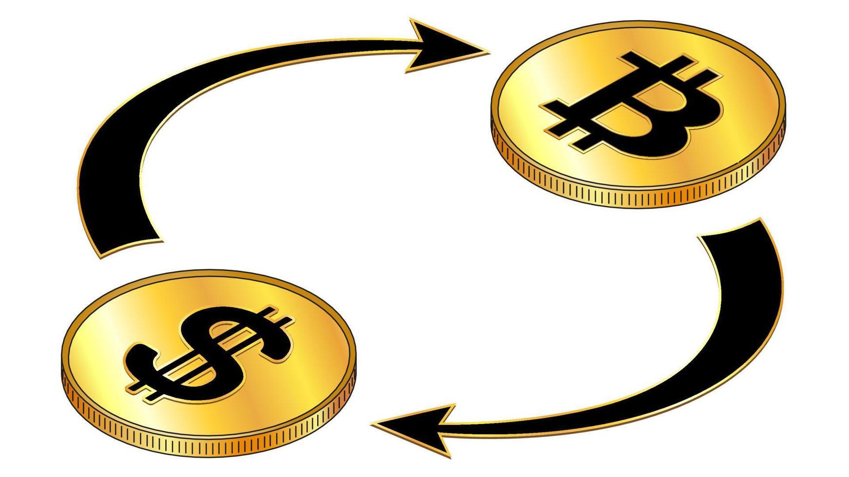isometrisches konzept der usd-dollar- und bitcoin-btc-zirkulation mit schwarzen symbolen auf goldmünzen und zyklischen pfeilen isoliert auf weiß. Rotation des digitalen Geldes. Vektor-Design-Element. vektor
