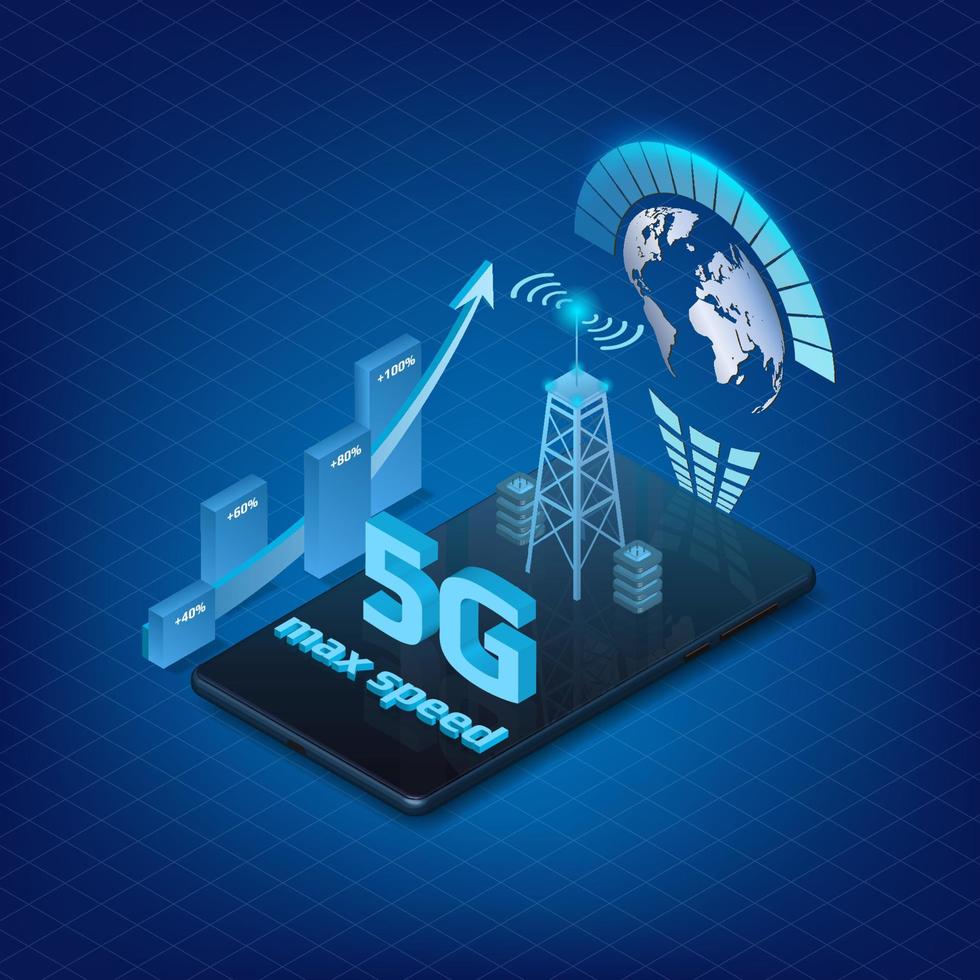 5g-Internet-Technologie-Designelement für Website oder Banner mit isometrischem Telefon auf blauem Hintergrund. Pfeil nach oben mit Prozent und Signalturm. Vektor-Illustration. vektor