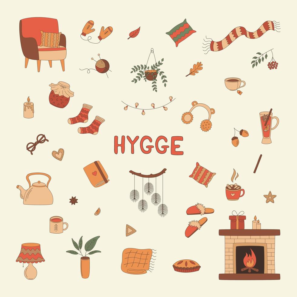 Reihe gemütlicher Dinge. Hygge. ein Sessel, ein Kamin, warme Kleidung, heiße Getränke, Kuchen, Herbstblätter und mehr. flache vektorillustration im stil eines gekritzels. vektor