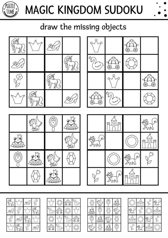 Vektor-Märchen-Schwarz-Weiß-Sudoku-Puzzle für Kinder mit Bildern. Einfaches Line Magic Kingdom Quiz. bildungsaktivität oder farbseite mit drachen, burg, einhorn. Zeichne fehlende Gegenstände vektor
