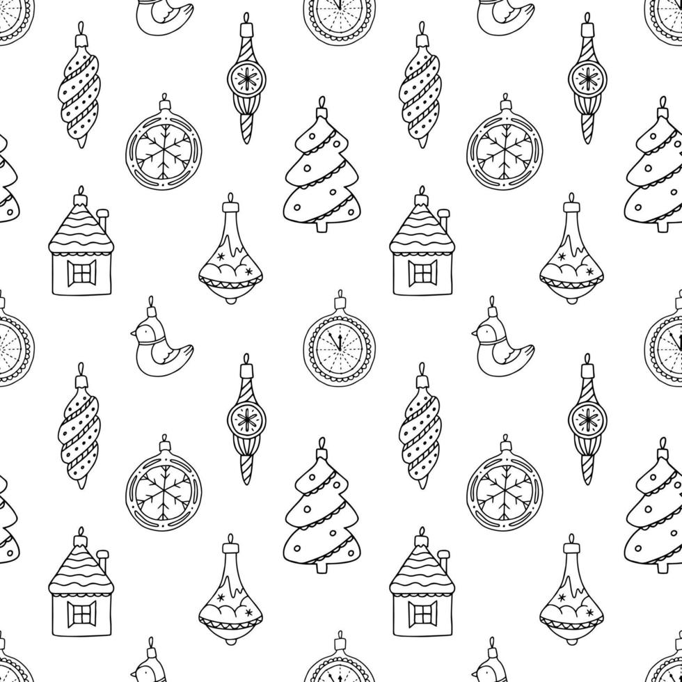 sömlös vektor mönster med svart jul leksaker, dekorationer på en vit bakgrund. grafisk skriva ut i klotter stil.