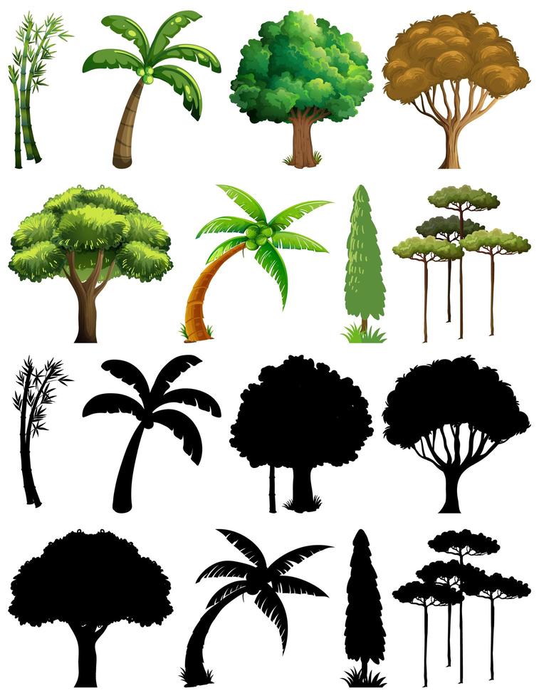 uppsättning växter och träd med silhuetter vektor