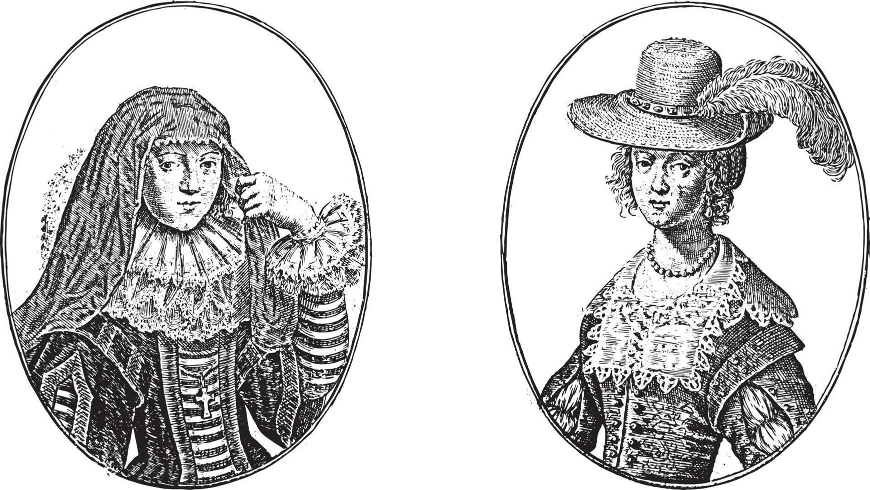 Porträts der Kurtisanen namens Signora Isabella und Schone Mayken, Vintage-Illustration. vektor