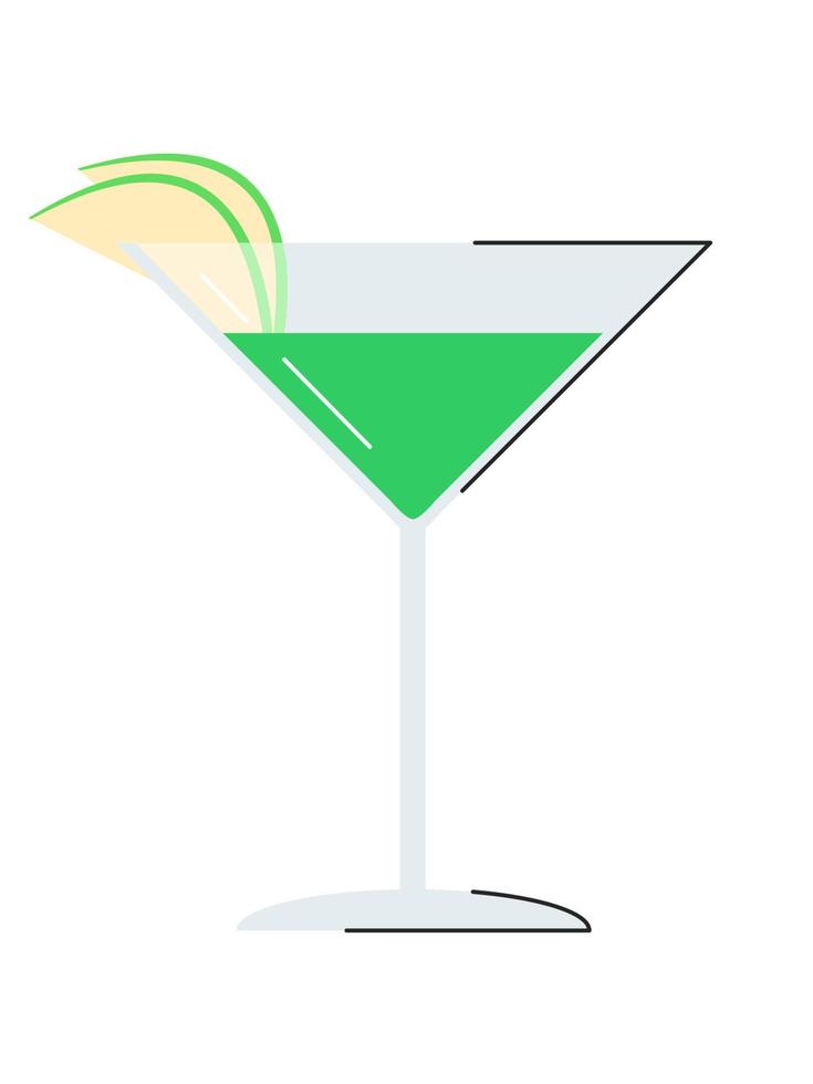 äpple Martini sommar söt cocktail isolerat på vit. populär grön alkoholhaltig dryck med citron- juice och vodka. kall och färsk skakad dryck med äpple frukt. appletini platt vektor illustration