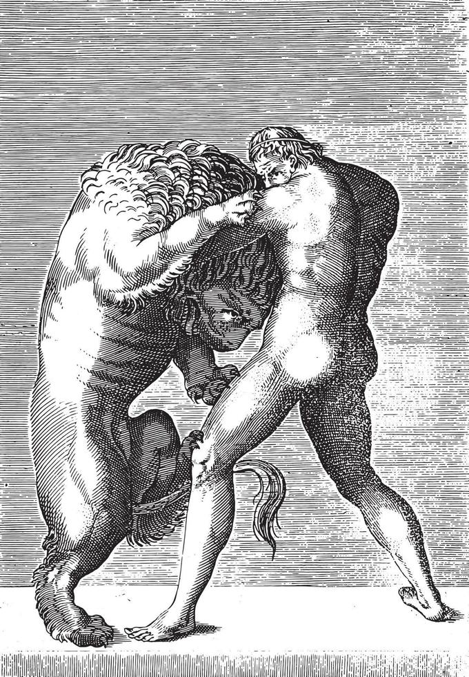 skulptur av hercules i slåss med de nemean lejon, anonym, 1584, årgång illustration. vektor