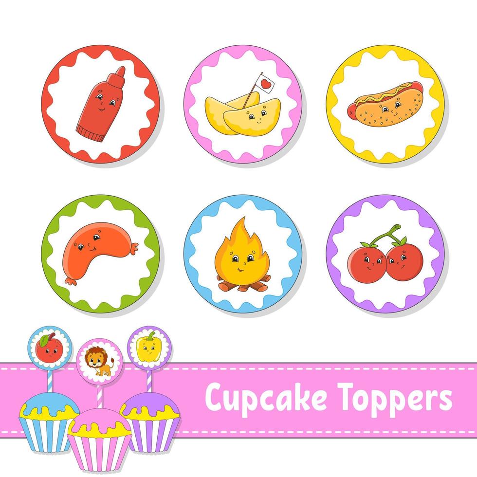 cupcake toppers. uppsättning av sex runda bilder. grilltema. seriefigurer. söt bild. för födelsedag, baby shower. vektor