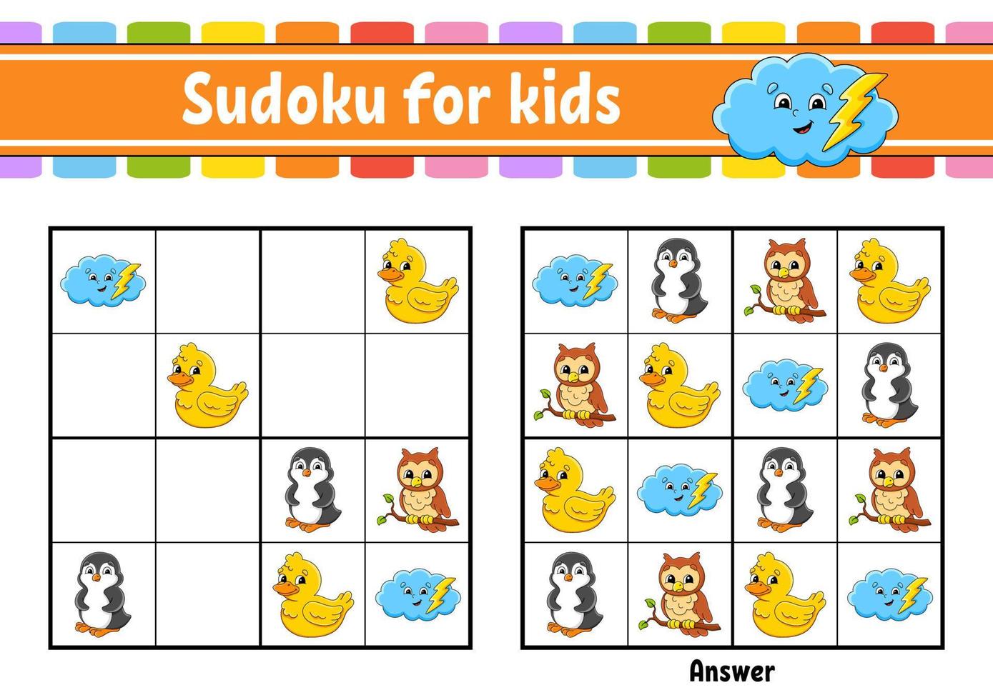 Sudoku für Kinder. arbeitsblatt zur bildungsentwicklung. Zeichentrickfigur. Aktivitätsseite in Farbe. Puzzlespiel für Kinder. logisches denken trainieren. Vektor-Illustration. vektor