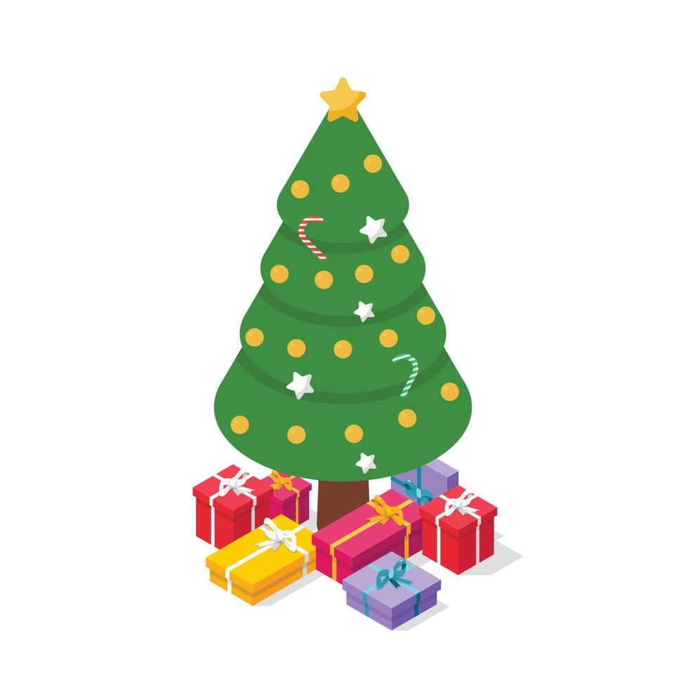 isometrischer weihnachtsbaum mit geschenkboxen und dekorationen vektor