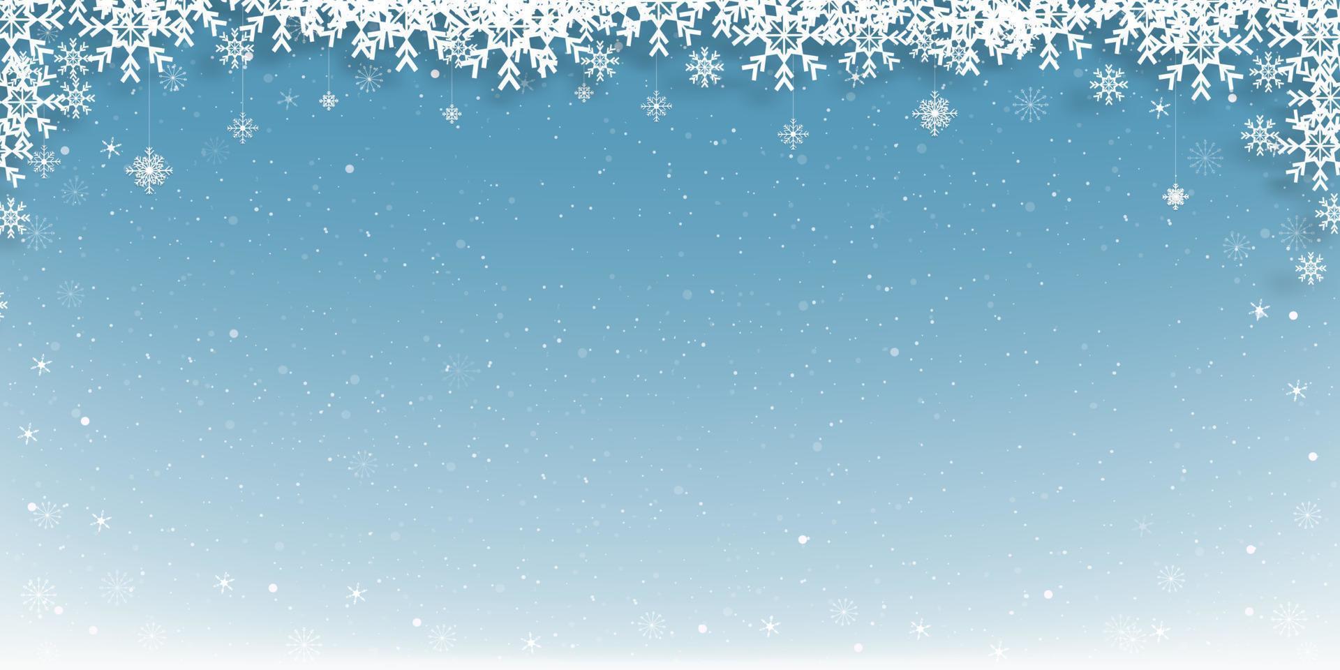 weihnachtshintergrund mit winterlandschaft, schneeflockenrahmen auf hintergrund des blauen himmels, vektorfahne der winterszene für feiertagshintergrund auf neujahrsförderung oder verkaufskonzept vektor