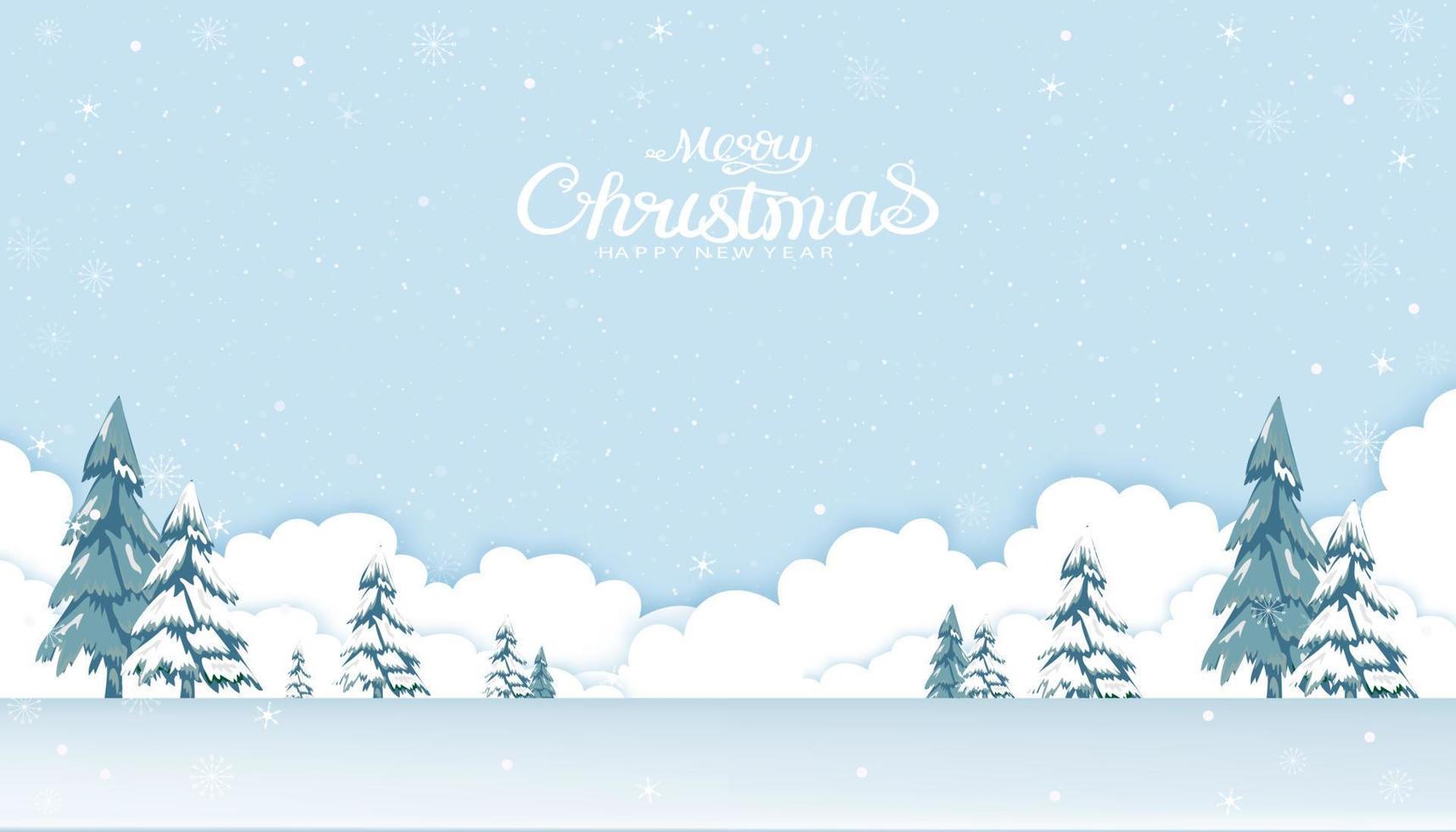 glad jul och Lycklig ny år hälsning kort, vektor illustration papper skära vinter- scen landskap med tall träd, snöflingor, vit moln scape och snöig på blå himmel bakgrund.
