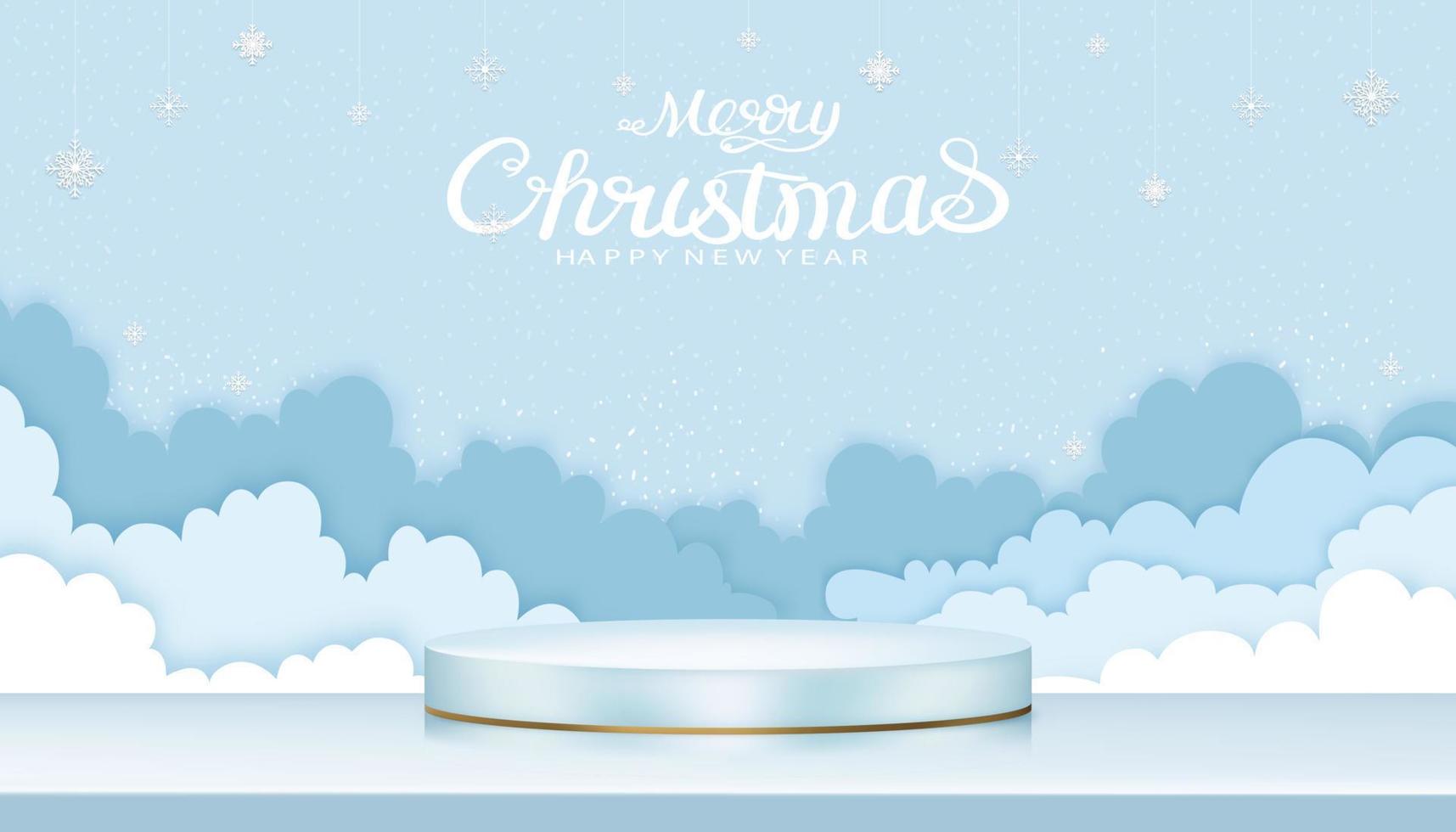 frohe weihnachten hintergrund mit 3d-anzeige zylinderform und papier geschnittene wolkengebilde mit schneeflockendekoration auf blauem himmel, vektorillustration für weihnachts- oder neujahrsbanner oder grußkarte vektor