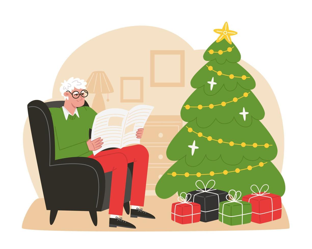 äldre man sitter i en fåtölj nära jul träd och läser en tidning vektor