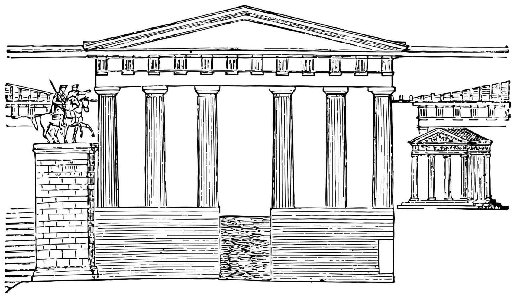 propylea återställd, tempel av Nike apteros, årgång gravyr. vektor