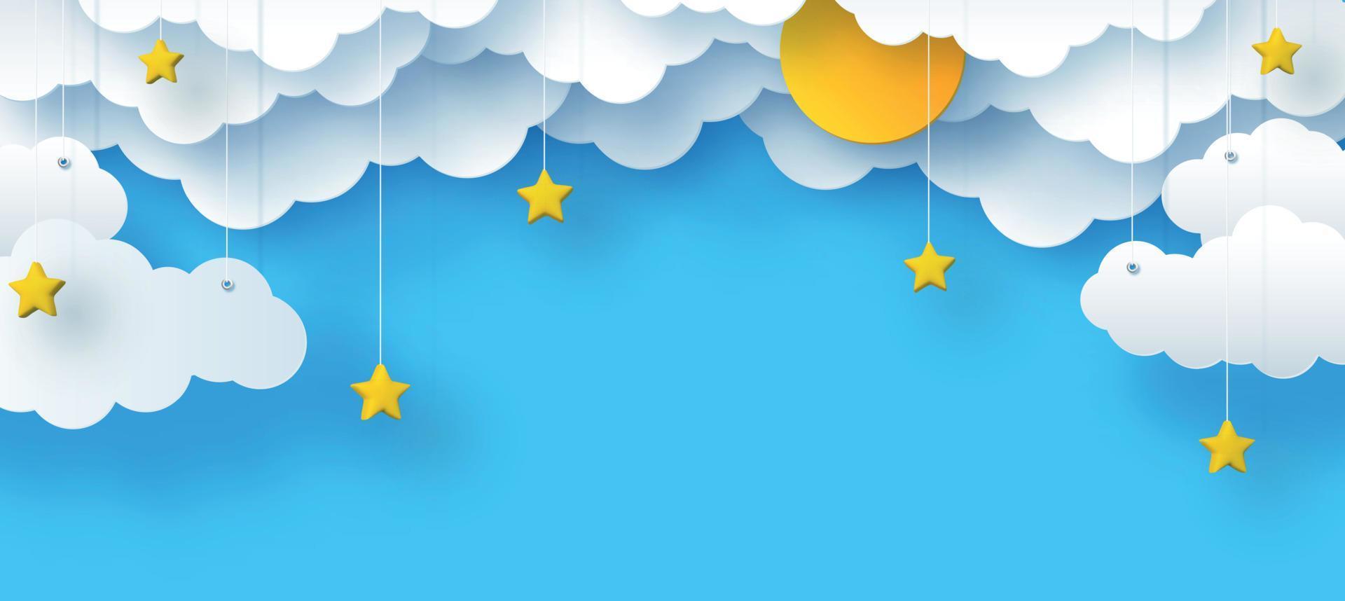 Wolken und Sterne, die Sonne auf blauem Hintergrund, Kindervektorillustration des Himmels in einem dekorativen Papierstil, 3d vektor