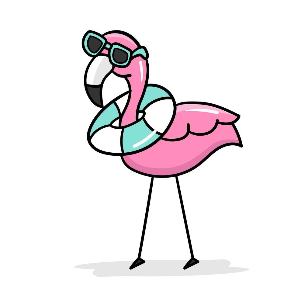 einfacher Flamingo, Umrissvektor. Zeichentrickflamingo mit Sonnenbrille und Rettungsring um den Hals. Sommervektorsymbol auf weiß vektor