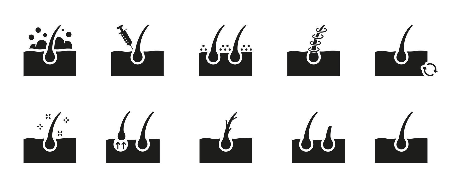 hår vård och förlust problem. hår kosmetisk silhuett ikoner. schampo, mjäll, frisyr, tillväxt och alopeci svart ikon. behandling och problem av hår. isolerat vektor illustration.