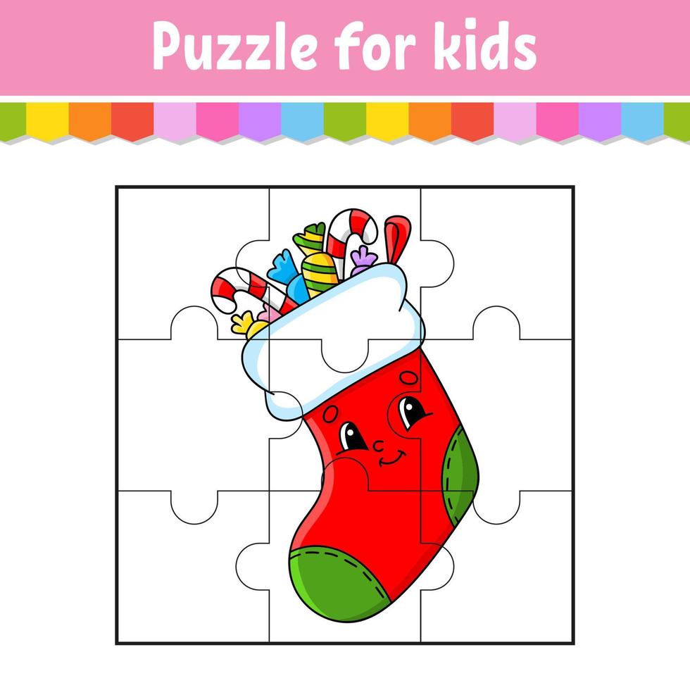 Puzzlespiel für Kinder. Puzzleteile. Arbeitsblatt Farbe. Weihnachtsthema. Aktivitätsseite. isolierte Vektorillustration. Cartoon-Stil. vektor