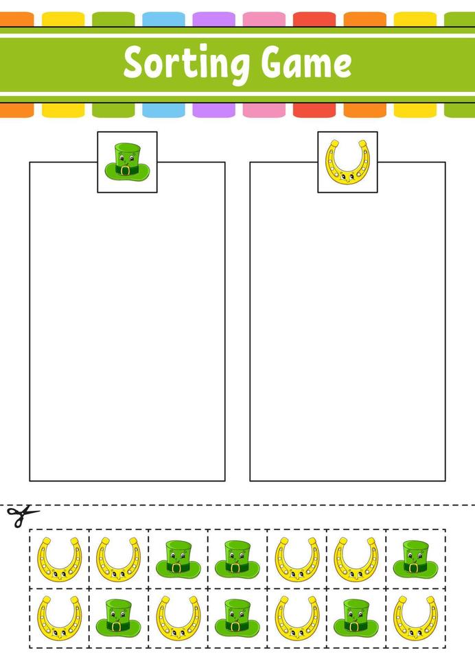 sortering spel för ungar. skära och lim. utbildning utvecklande arbetsblad. matchande spel för ungar. Färg aktivitet sida. pussel för barn. söt karaktär. vektor illustration.