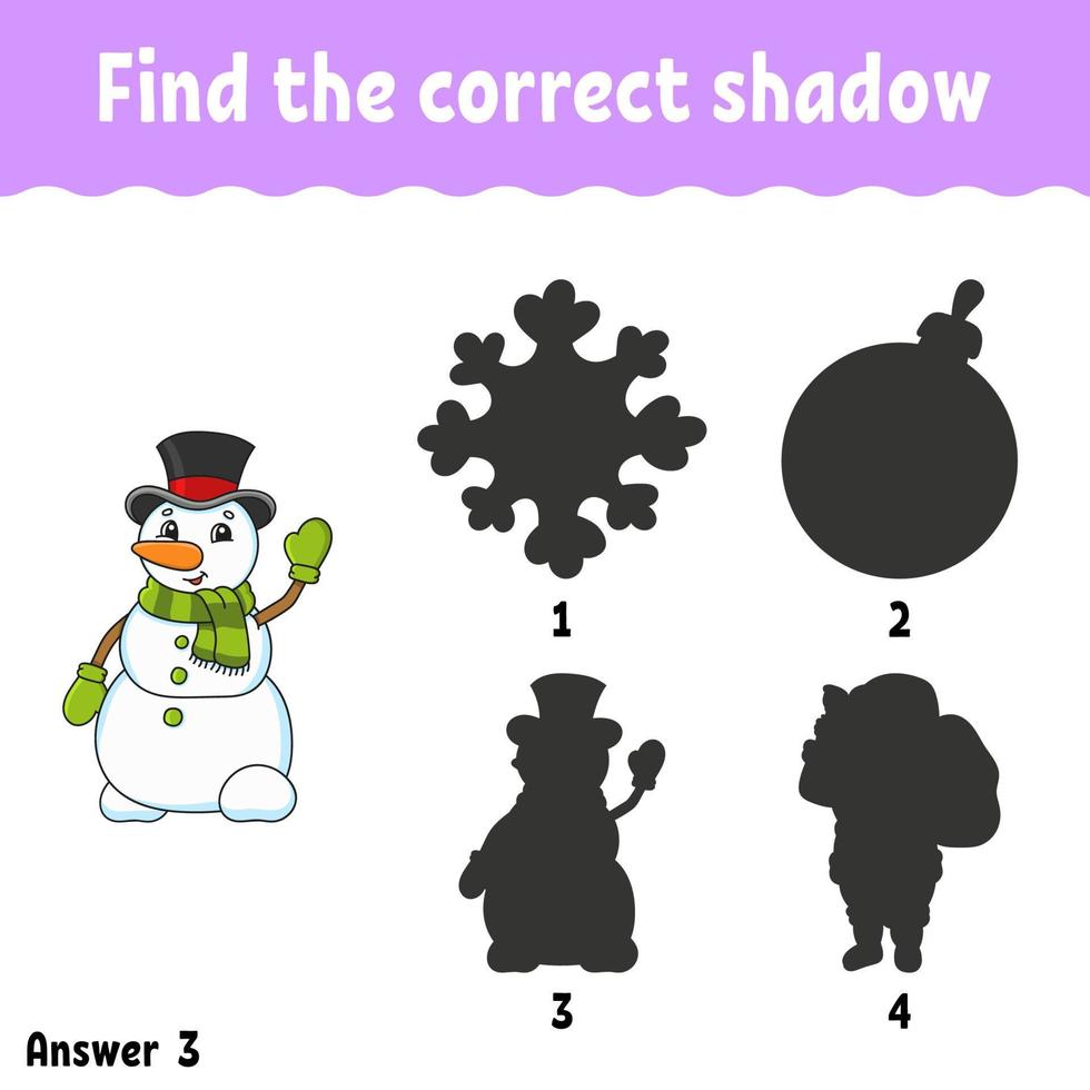 Finden Sie den richtigen Schatten. arbeitsblatt zur bildungsentwicklung. passendes Spiel für Kinder. Aktivitätsseite. Puzzle für Kinder. Zeichentrickfigur. Vektor-Illustration. vektor