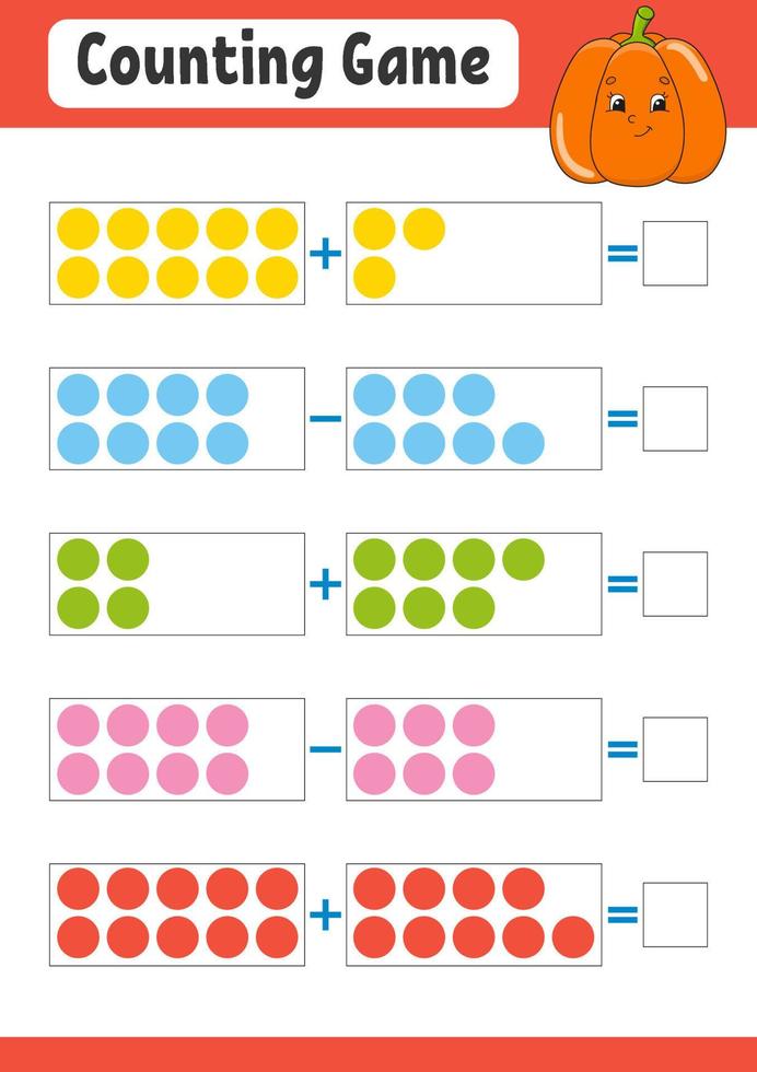 addition och subtraktion. uppgift för barn. utbildning som utvecklar arbetsblad. aktivitetsfärgsida. spel för barn. rolig karaktär. isolerad vektor illustration. tecknad stil.