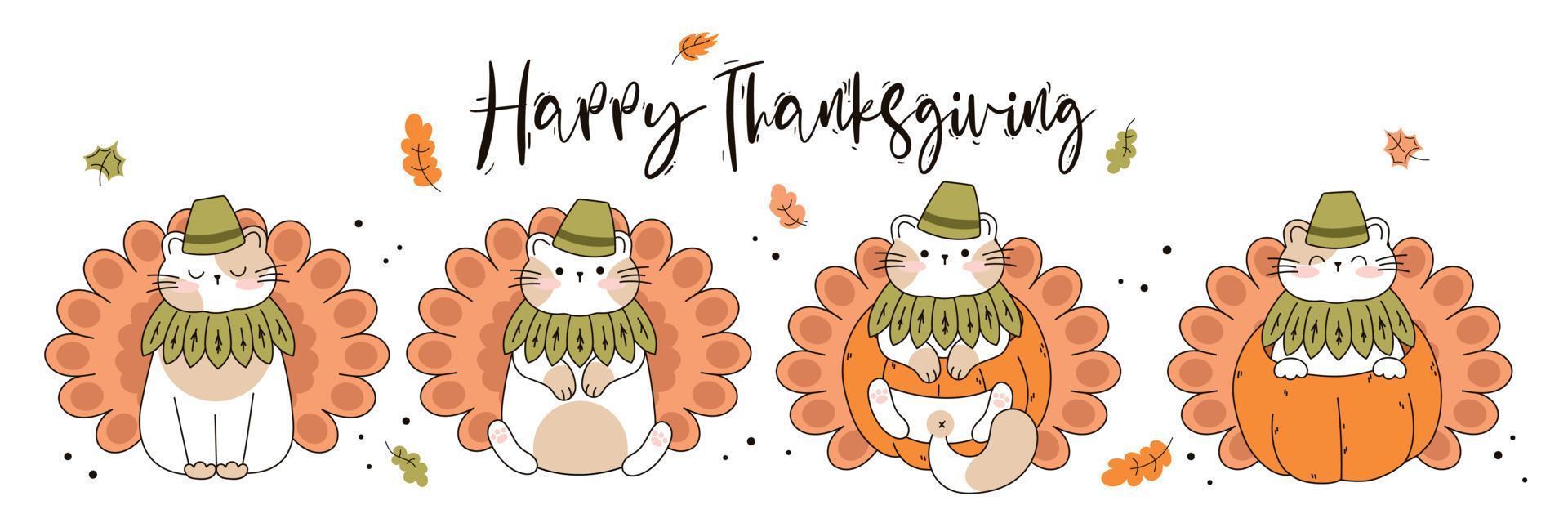 Zeichnen Sie lustige Katzen in einem Thanksgiving-Kürbis Truthahn kawaii Katze mit Kürbis für Thanksgiving und Herbst fallen Vektor-Illustration Katzen-Charakter-Sammlung. Doodle-Cartoon-Stil. vektor