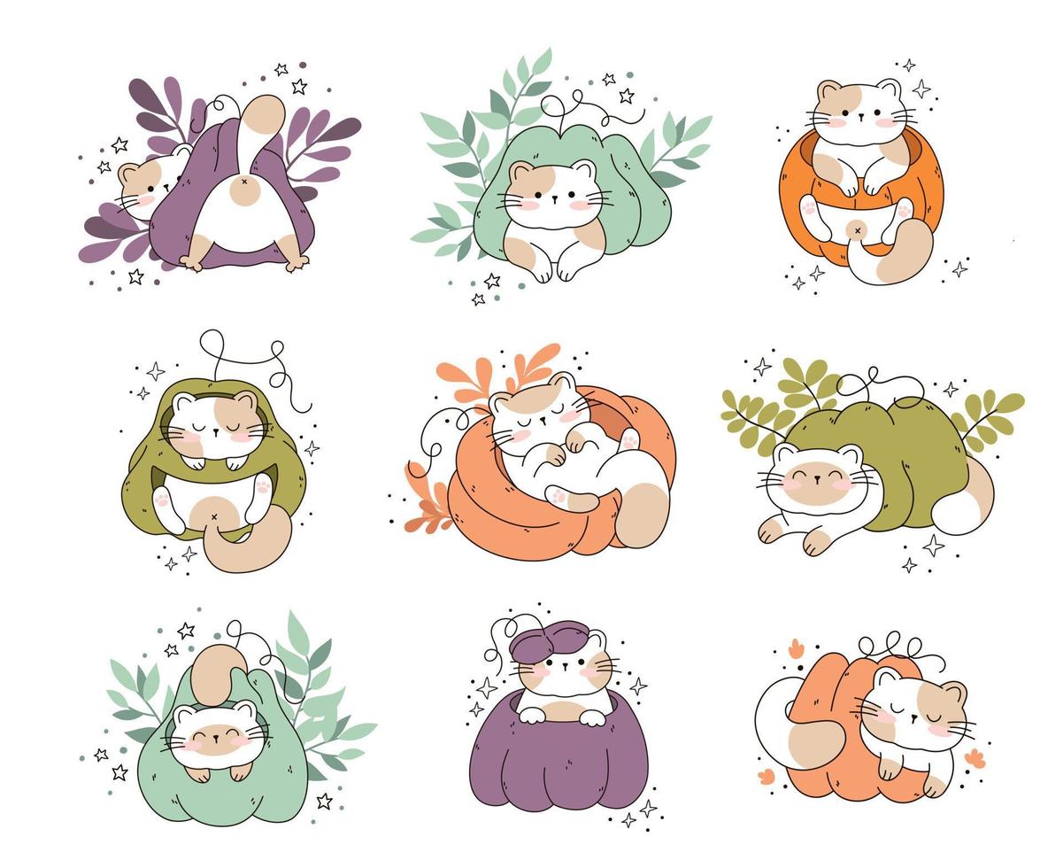 Zeichnen Sie lustige Katzen in einem Kürbis kawaii Katze mit Kürbis für Thanksgiving und Herbst fallen Vektor-Illustration Katzen-Charakter-Sammlung. Doodle-Cartoon-Stil. vektor