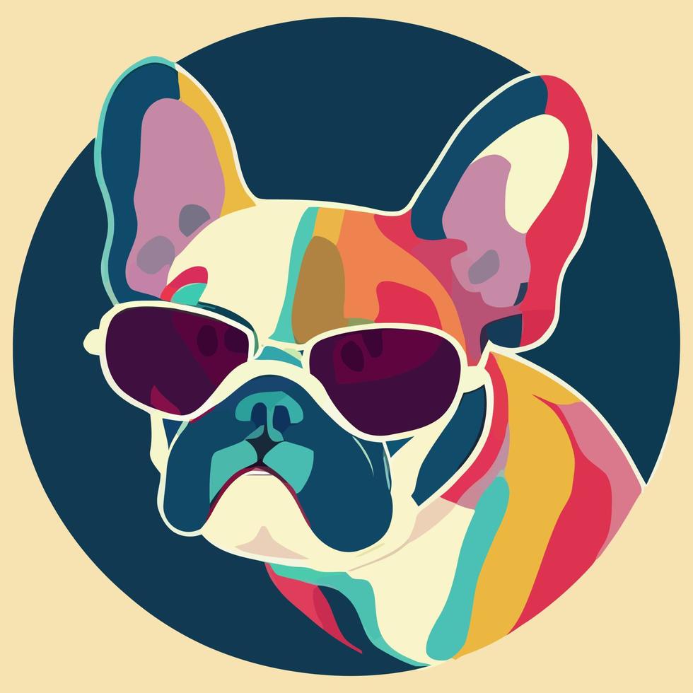 Illustrationsvektorgrafik der farbenfrohen französischen Bulldogge mit Sonnenbrille im Kreis isoliert gut für Logo, Symbol, Maskottchen, Druck oder passen Sie Ihr Design an vektor
