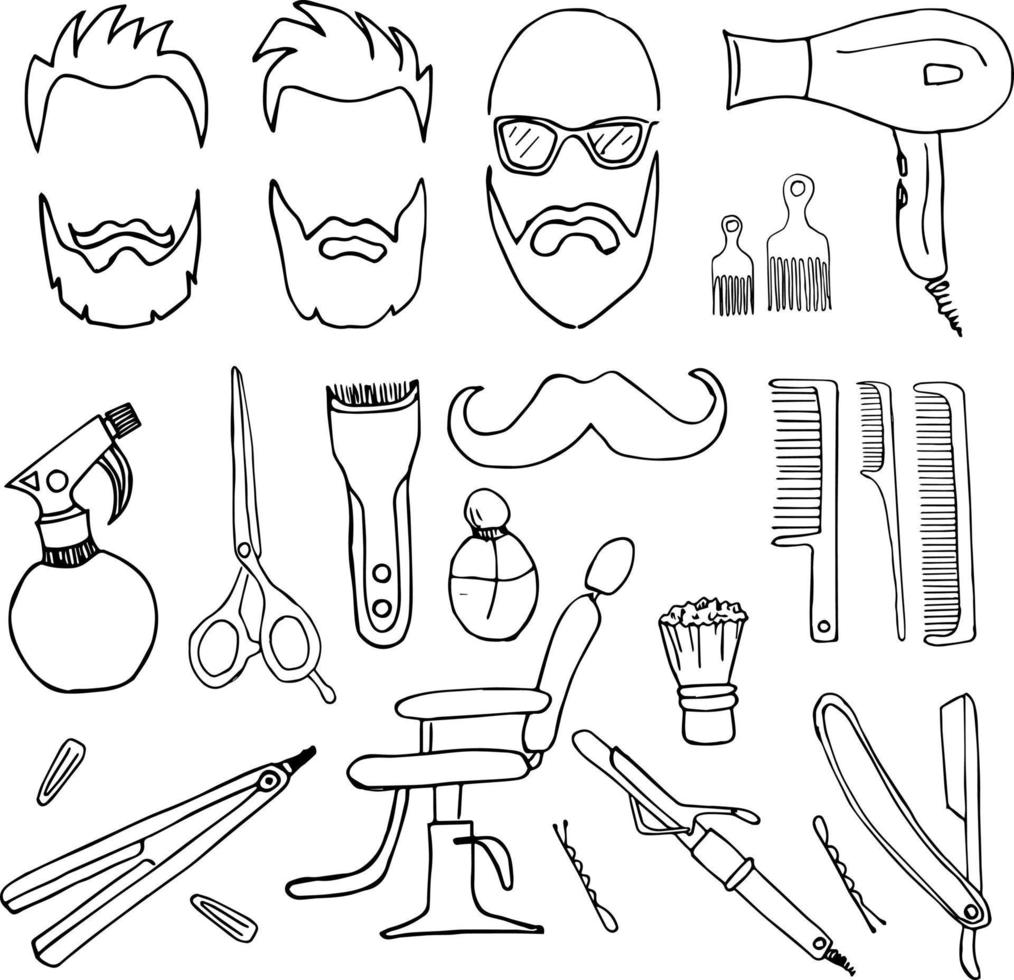 barberare hand dragen vektor illustration objekt uppsättning