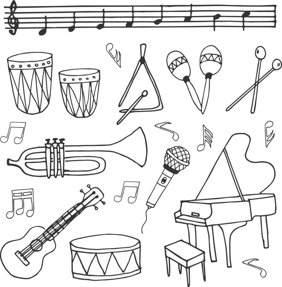 musikalisk instrument hand dragen vektor illustration objekt uppsättning