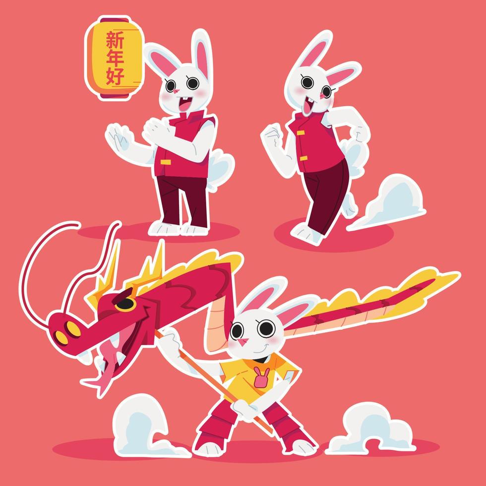 karaktär kanin med drake lejon och lyktor i platt design vektor