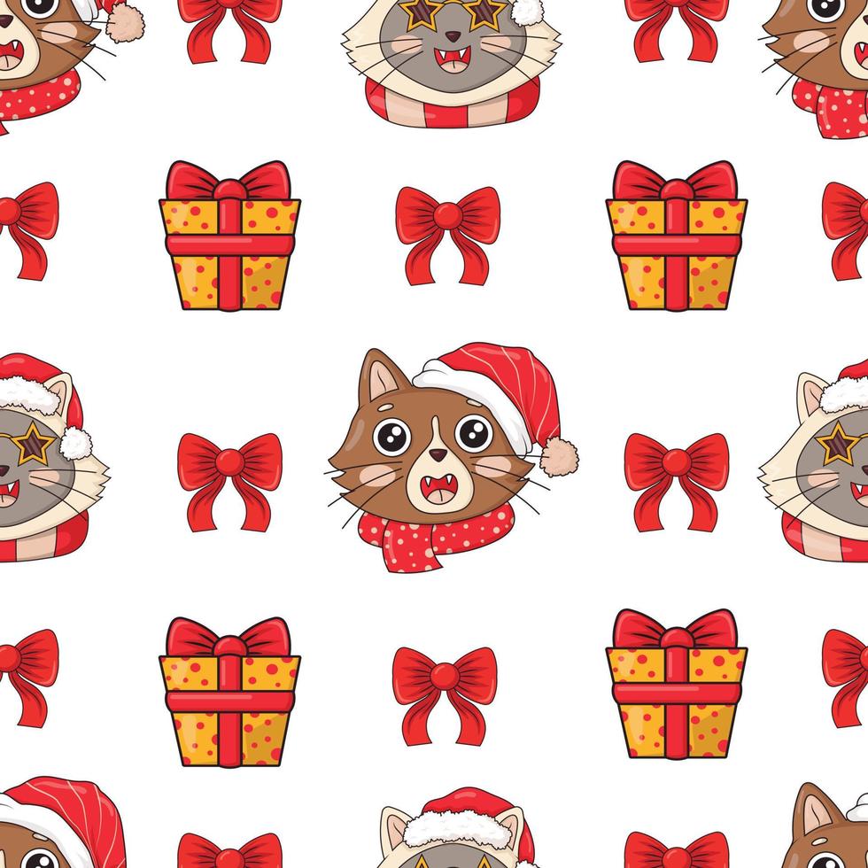 nahtloses muster mit weihnachtsköpfen fröhliche süße katzen in weihnachtsmützen, sterngläsern, schleifen und neujahrsgeschenken vektor