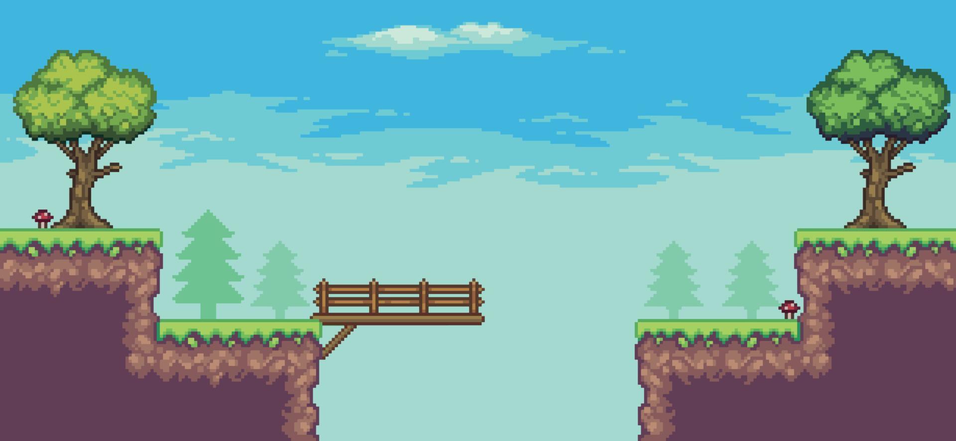 Pixel-Art-Arcade-Spielszene mit Baum, Brücke, Holzbrett und Wolken 8-Bit-Vektorhintergrund vektor
