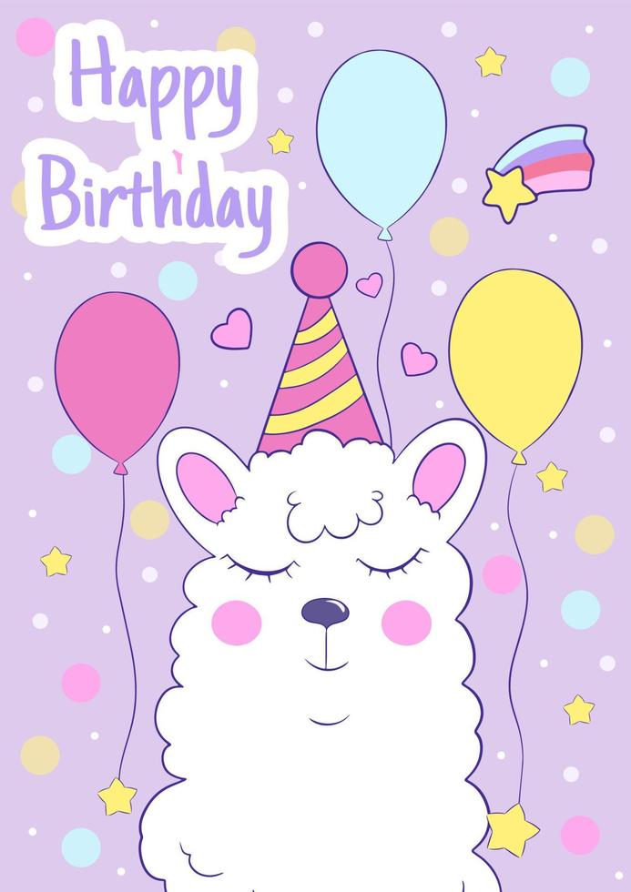 Lycklig födelsedag hälsning kort med söt lama alpacka. vektor illustration