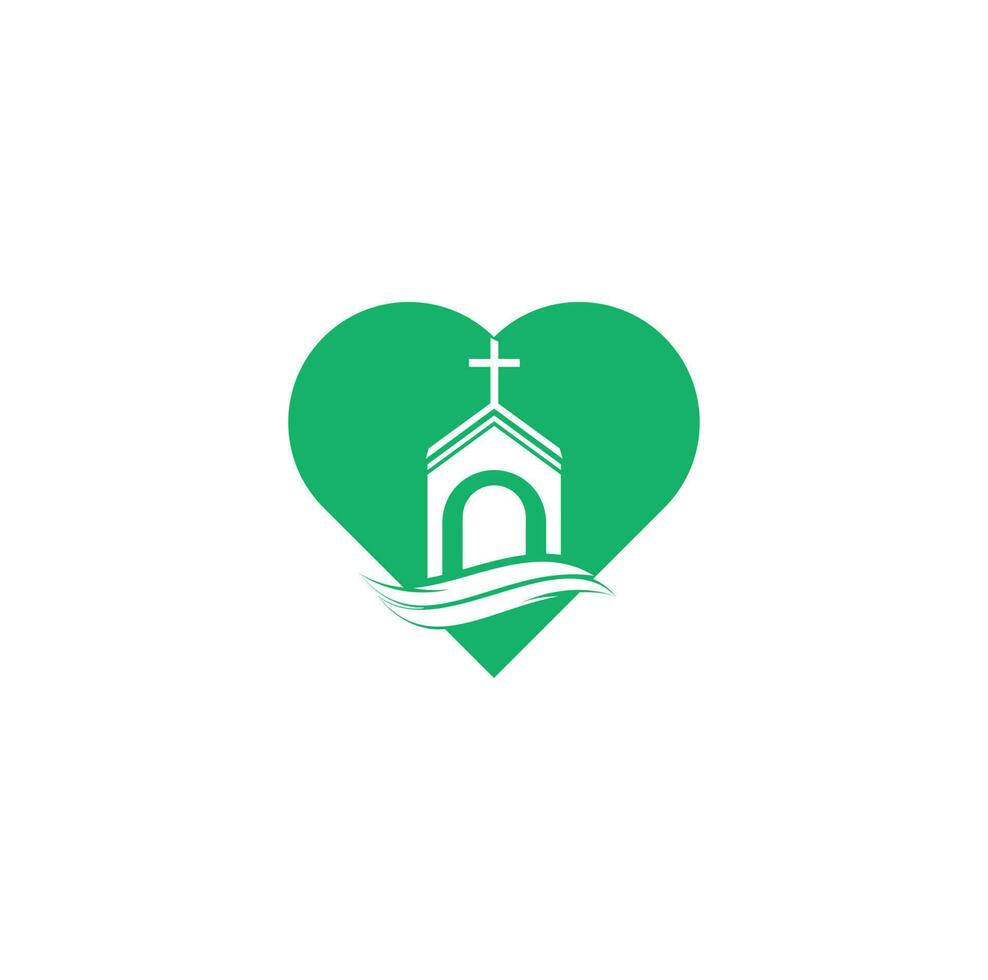 kyrka byggnad hjärta form begrepp logotyp design. mall logotyp för kyrkor och kristen. korsa kyrka byggnad logotyp. vektor