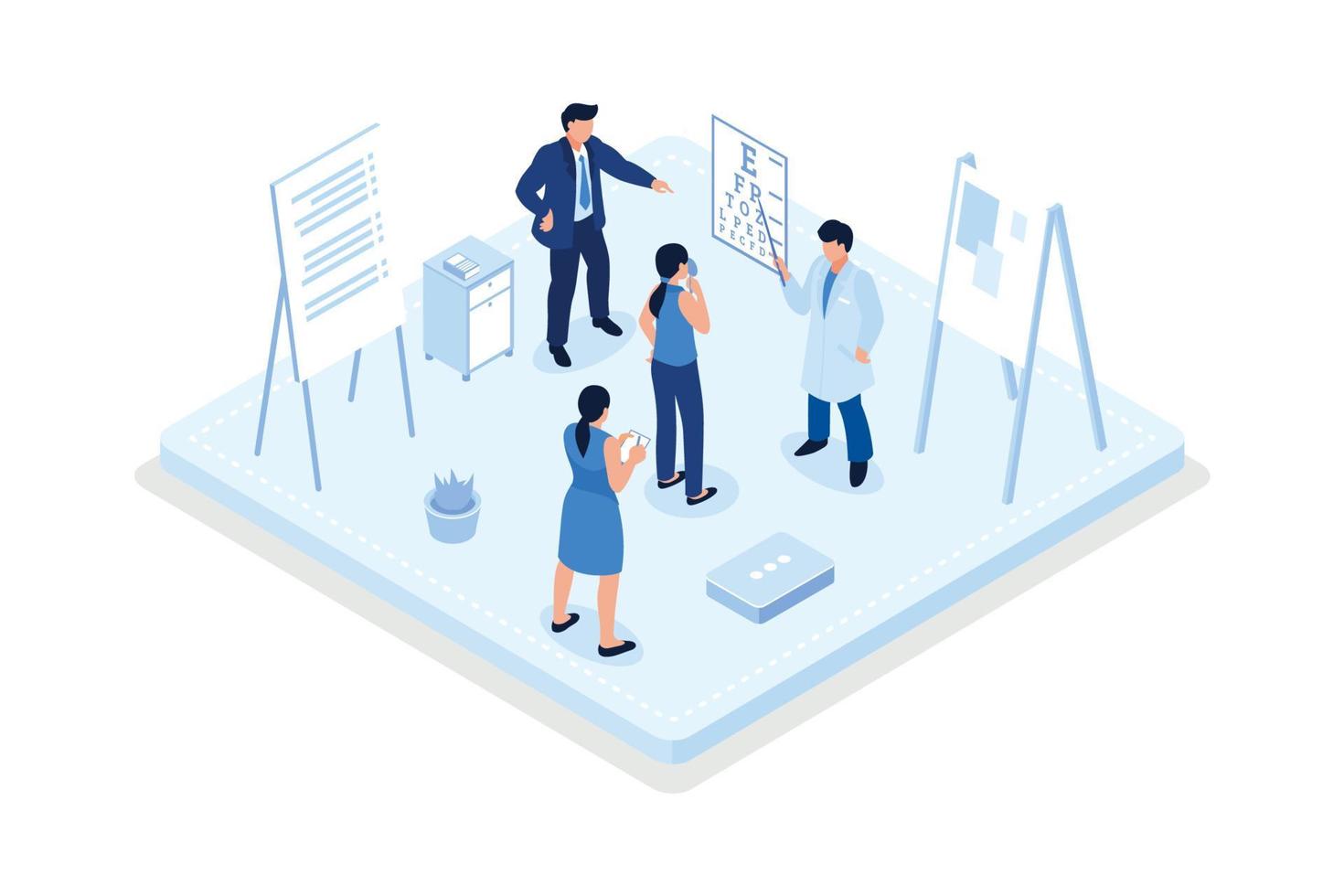 augenarzt zeigt dem patienten ein sehtestdiagramm, untersucht sein sehen und wählt eine brille mit korrekturlinse aus. Augenheilkundekonzept, isometrischer Vektor moderne Illustration