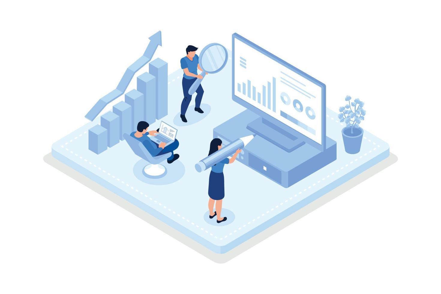 menschencharaktere analysieren diagramme, grafiken, planen geschäftsstrategien und verwalten daten auf laptop und smartphone. Geschäftsintelligenz- und Analysekonzept, isometrischer Vektor moderne Illustration