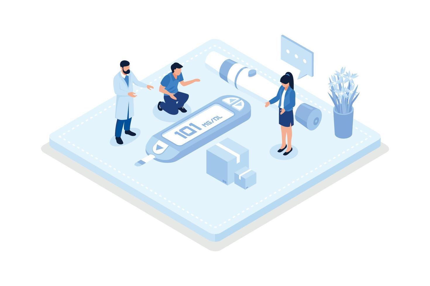 arzt und patient überprüfen den blutzuckerspiegel mit glukometer und diabetischer insulinpumpe. charakter mit diabetes, der eine behandlung gegen krankheiten erhält, isometrischer vektor moderne illustration