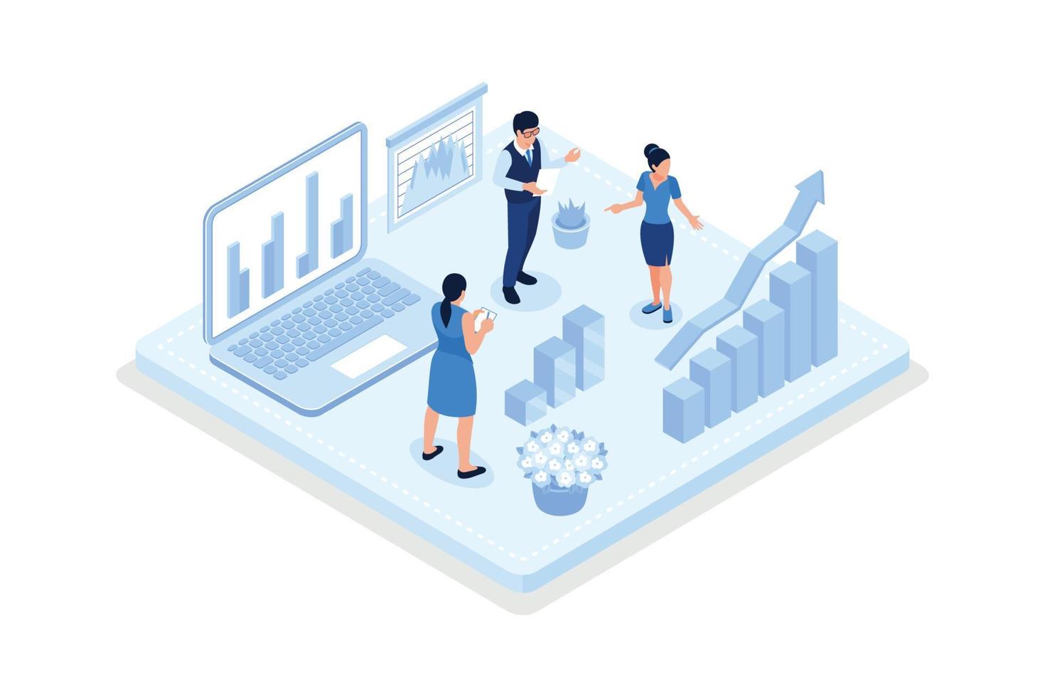 tecken analyserar stock marknadsföra data och planera investering strategi. människor granskning finansiell grafer, diagram och diagram. stock handel begrepp, isometrisk vektor modern illustration