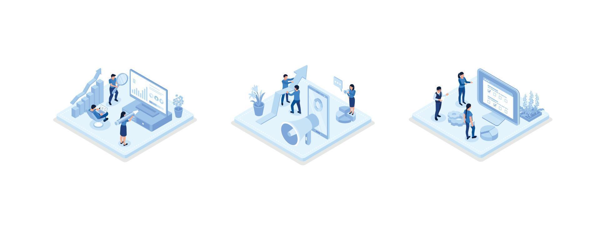 människor tecken analyserar diagram, grafer, planera företag strategi och hantera data på bärbar dator och smartphone. företag intelligens och analys begrepp, uppsättning isometrisk vektor illustration