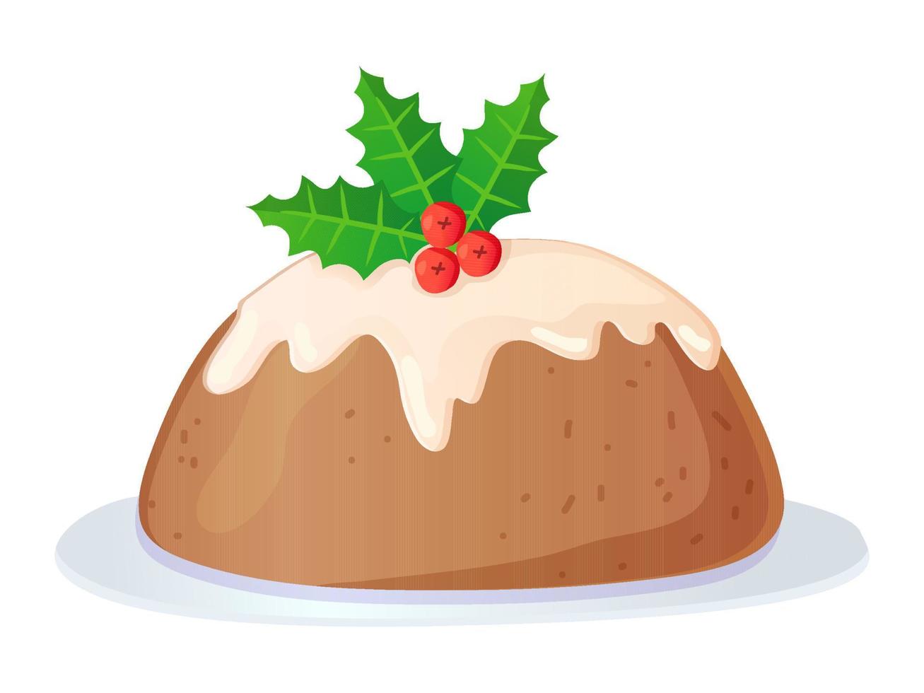 traditionell engelsk jul pudding med glasyr och järnek. vektor illustration isolerat på vit