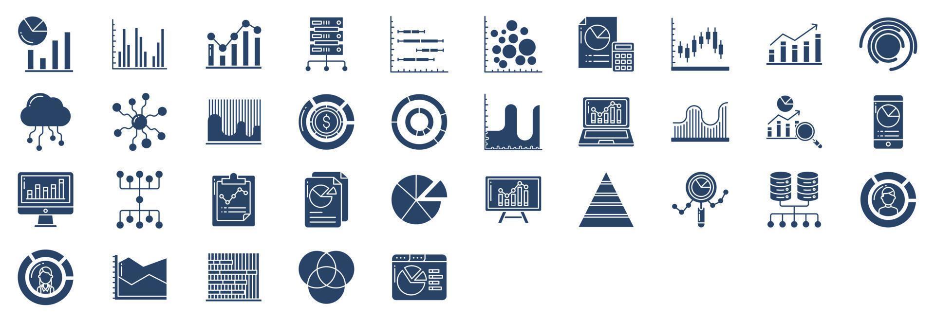 Sammlung von Symbolen im Zusammenhang mit Diagrammen und Datenanalysen, einschließlich Symbolen wie Balkendiagramm, Big Data, Taschenrechner, Diagramm und mehr. vektorillustrationen, pixelperfekter satz vektor