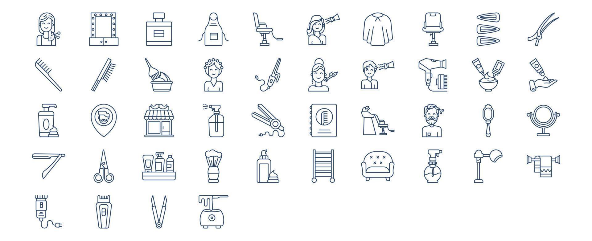 Sammlung von Symbolen im Zusammenhang mit dem Frisieren, einschließlich Symbolen wie Umhang, Sessel, Clip, Kamm und mehr. vektorillustrationen, pixelperfekter satz vektor